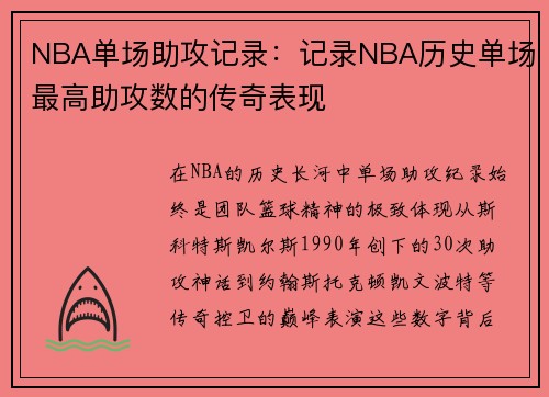 NBA单场助攻记录：记录NBA历史单场最高助攻数的传奇表现